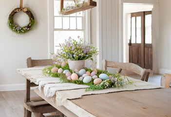 table with flowers and egg for easter day