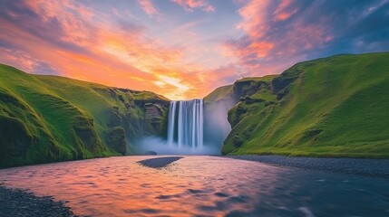 A stunning waterfall cascading into a serene river, surrounded by lush green hills at sunset.