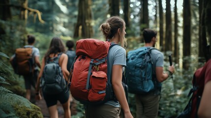 Group of hikers exploring a lush forest trail surrounded by tall trees in summer under bright sunlight