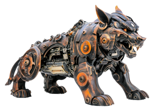 Intricate steampunk robotic dog in dynamic stance isolated on transparent background