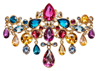 Colorful jewel brooch with intricate design isolated on transparent background