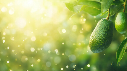  close up imagery of Avocado set in branch in bright sunshine lighting.