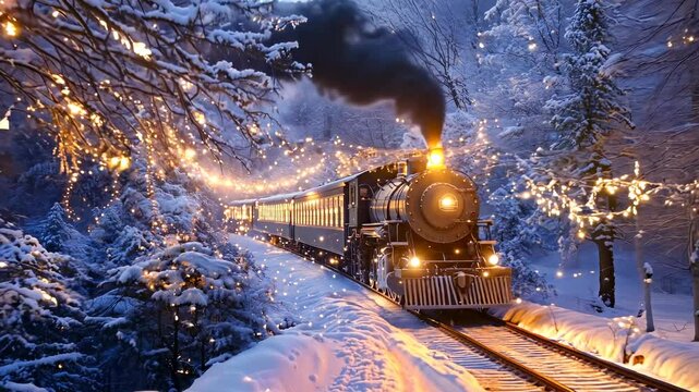 Train is traveling through a snowy landscape with lights on the train. The train is surrounded by trees and the snow is falling. The scene is peaceful and serene