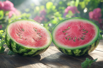 Freshly sliced watermelon halves on a wooden table in summer sunlight