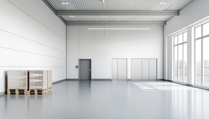 Fototapeta premium Modern warehouse interior, stacked pallets, efficient layout, clean and organized