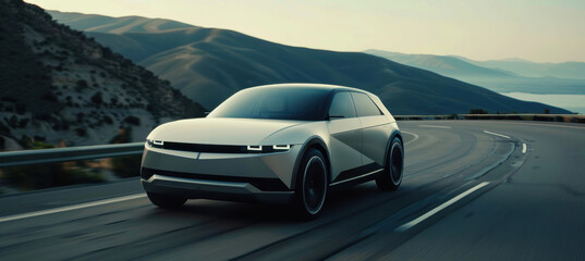 Obraz premium Sleek New Electric Vehicle on Futuristic Road for Automotive Magazine Ad Design