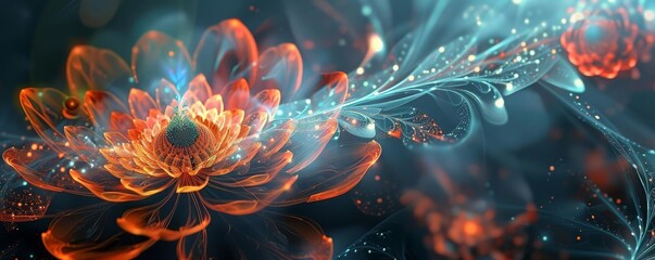 Digital artwork of a vibrant, abstract flower with glowing petals and intricate, swirling designs in a mesmerizing, colorful display.