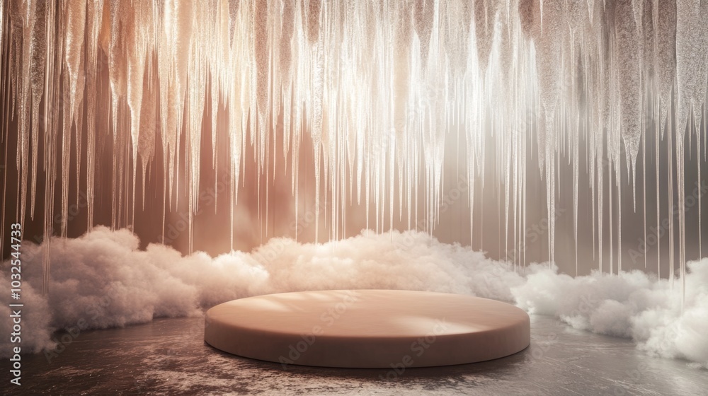 Fototapete A circular platform floats above a mist of clouds, illuminated by gently cascading icicles that create a tranquil atmosphere. The warm glow enhances the ethereal beauty of the scene.