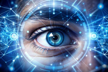 Human eye connected to digital network symbolizing cybersecurity and technology