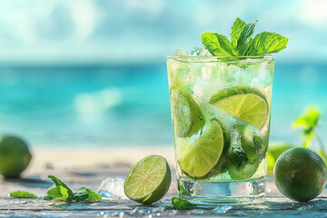 Refreshing mojito cocktail by the beach with mint and lime