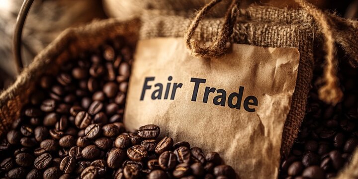 Close-up of a "Fair Trade" label prominently displayed on a package of coffee beans.