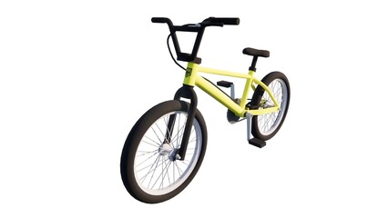 a bicycle with a yellow handlebars is hanging from the handlebars.