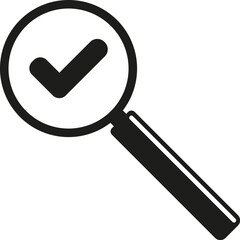 Black magnifying glass with green check mark icon. Vector. Flat design.