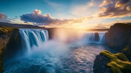A stunning waterfall scene at sunset, showcasing nature's beauty and tranquility.