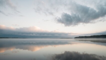 Fototapeta premium Tranquil Lake at Dawn with Low Hanging Clouds.