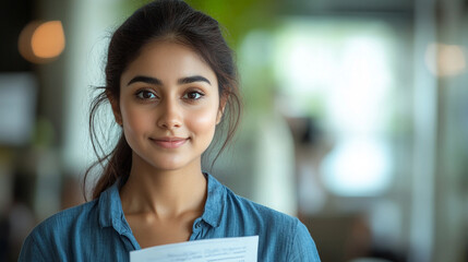 Obraz premium happy indian businesswoman holding paper and looking at it, blue shirt, modern office,