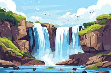 landscape with mountains and river, Cartoon Waterfall Landscape Background Card Poster Flat Design Nature Scene Adventure Travel, illustration