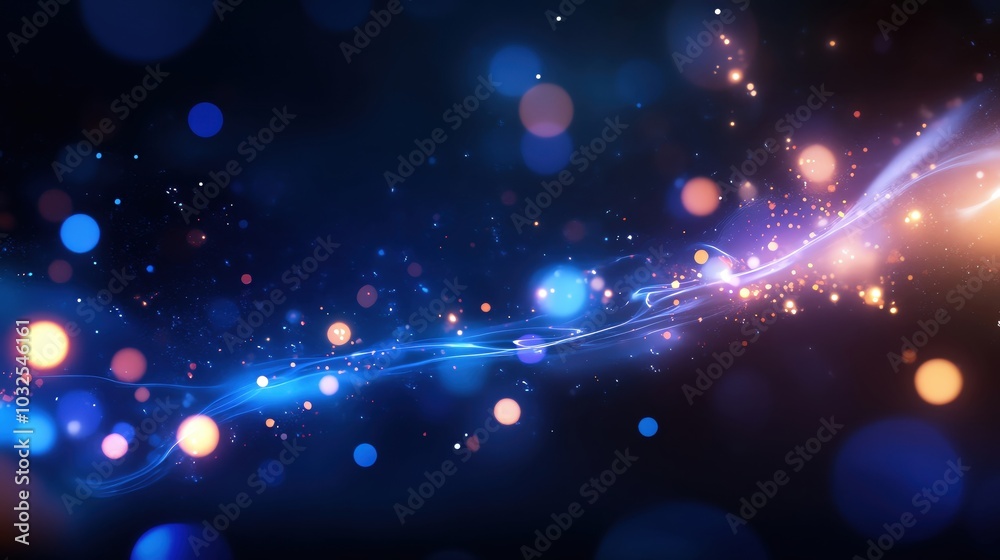 Poster abstract light trails with colorful bokeh effect on a dark background.