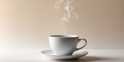 Steam Rising from a White Coffee Cup on Soft Background.