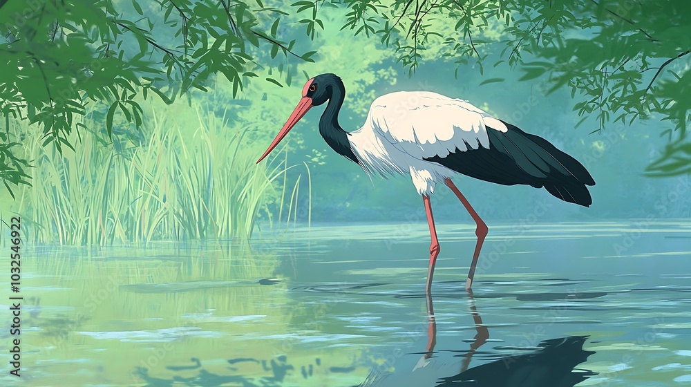 Poster Black-necked Stork Wading in a Tranquil Pond, Digital Art Illustration.