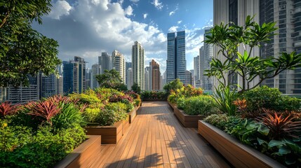 Fototapeta premium Rooftop garden in an urban setting, blending nature with architecture