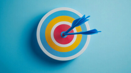 Blue Arrows Hitting Target Bullseye On Blue Background