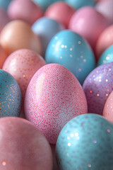 A colorful arrangement of sparkling pastel eggs in pink, blue, and lavender shades, creating a festive and cheerful atmosphere.