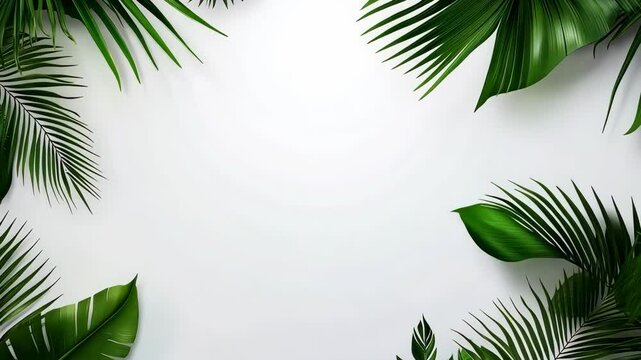 Green palm leaves frame a white background