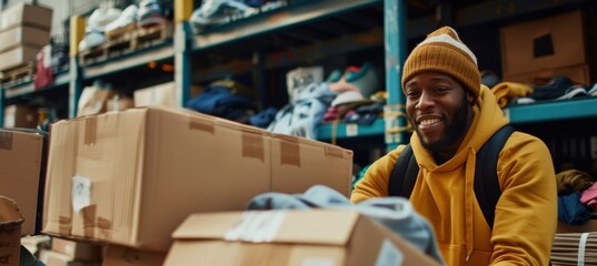 Community Clothing Drive: Cheerful Family Volunteers Sorting Donations for Charity Support