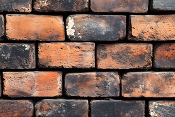 Fototapeta premium A textured wall made of weathered, reddish-brown bricks with a dark patina, showcasing the character of aged masonry.