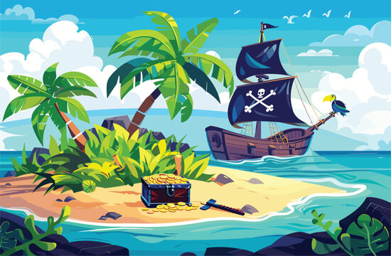 Pirate Island with Treasure Chests and Ships Painting, treasure cheast, tropical, palms. Sea landscape coast, beach, sand, adventure, game. Vector illustration
