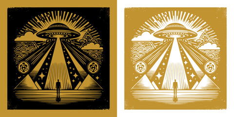 alien spacecraft hovering in the desert vintage design © iqbal