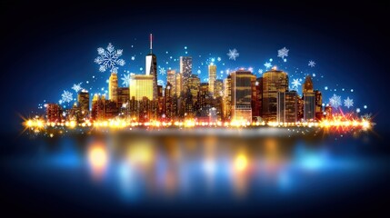 A city skyline with a reflection of the city in the water