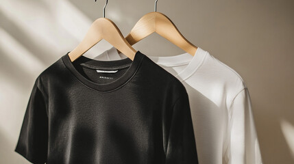 Black and White T shirts on Wooden Hangers  Minimalist Fashion Apparel