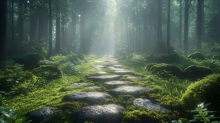 Fototapeta premium Misty forest path with stone steps leading towards the sun.