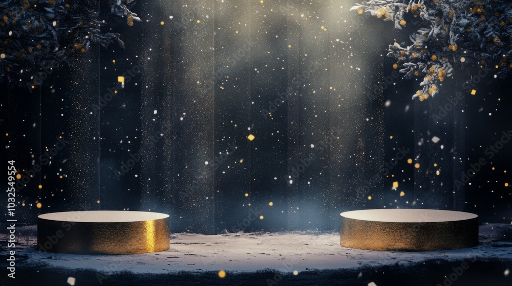 Poster two golden round podiums sit in a snowy forest. the podiums are illuminated by a bright light that s