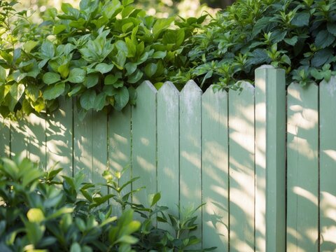A serene green wooden fence framed by lush leaves in a tranquil garden setting.