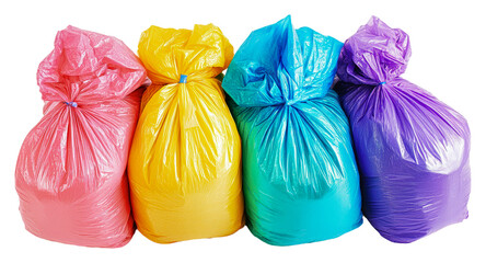 Colorful trash bags stacked for waste collection isolated on transparent background