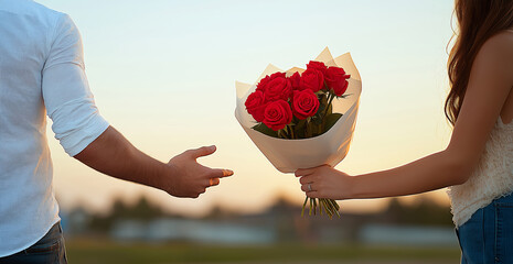 A beautiful scene capturing a couple exchanging a bouquet of red roses during sunset, symbolizing love and affection in a romantic setting.