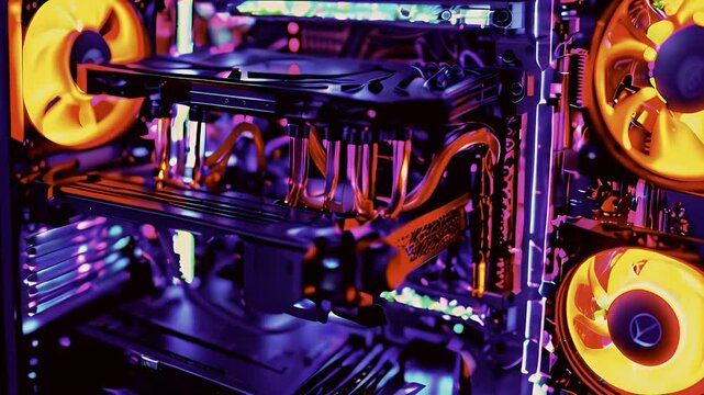 Close up of a computer case with custom water cooling and RGB fans.