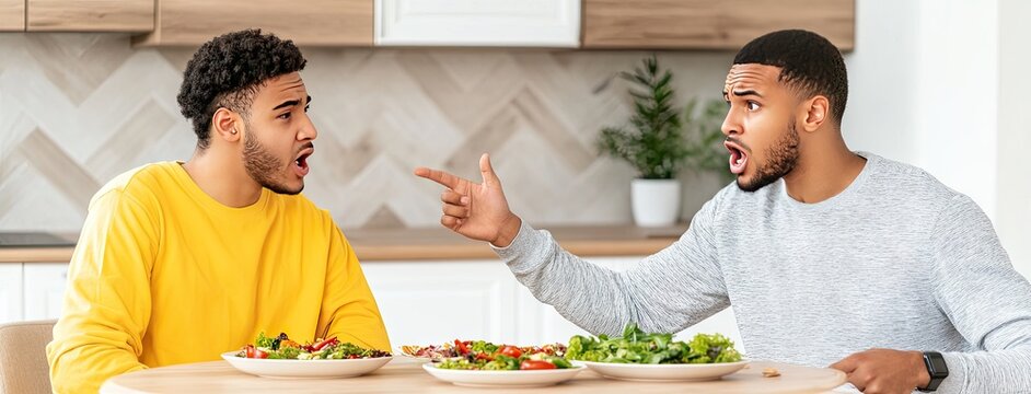 Arguing over lunch at home, black father and son share a lively debate in their bright kitchen while enjoying their meal together