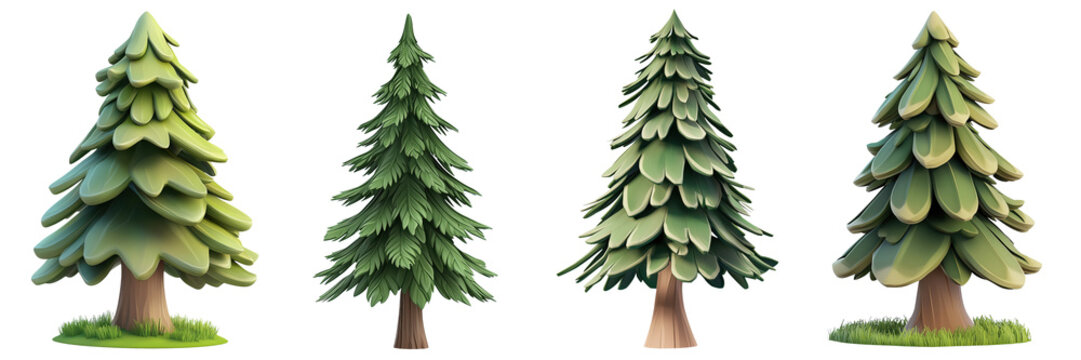 Set of Pine Tree 3D cartoon icons png, isolated on transparent background.