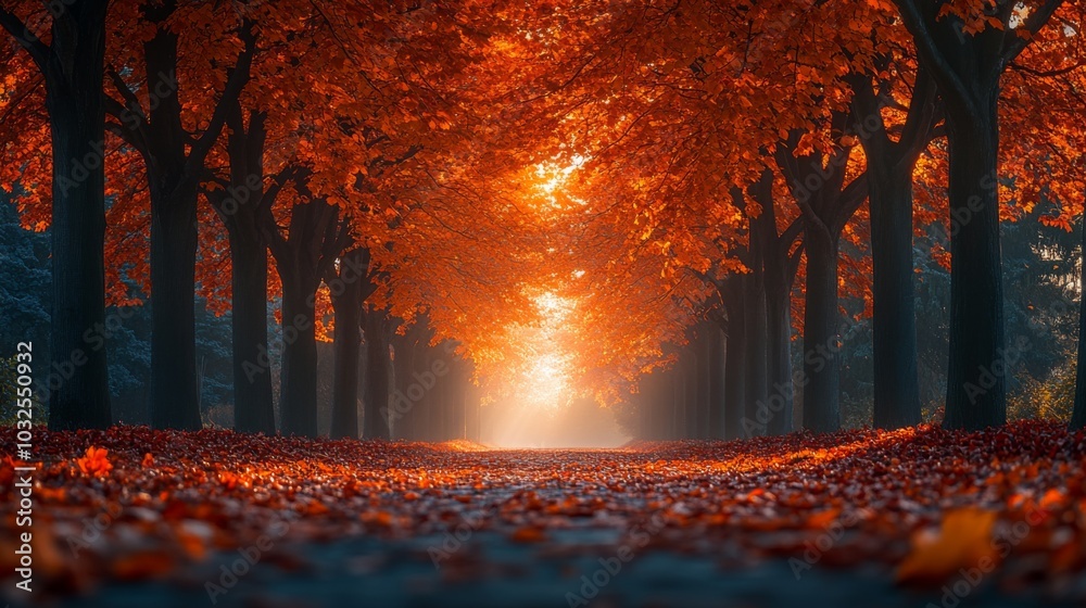 Aufkleber a peaceful path is surrounded by trees adorned in brilliant orange and red leaves, illuminated by wa