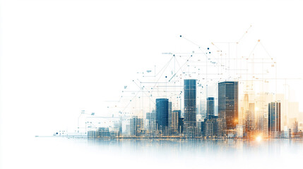 Fototapeta premium Detailed architectural blueprints overlaid on a city skyline, grids and lines blending into buildings, modern urban development concept