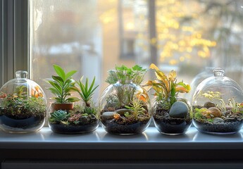 Indoor terrarium garden filled with various plants and decorative stones on a sunny windowsill