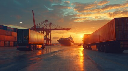 Obraz premium Container truck in ship port for business Logistics and transportation of Container Cargo ship and Cargo plane with working crane bridge in shipyard at sunrise, logistic import export and transport