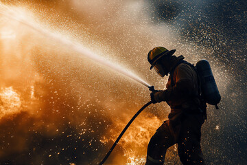 Fototapeta premium Firefighter spraying water at blazing flames, intense action shot with glowing embers flying through the air.