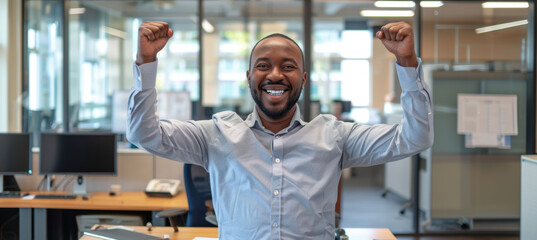 Obraz premium Joyful Business Professional Celebrating Success in a Modern Office Environment