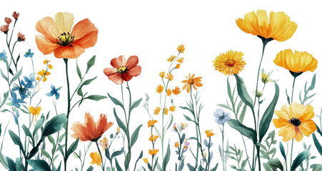 Colorful wildflowers blooming in a sunny meadow isolated on transparent background