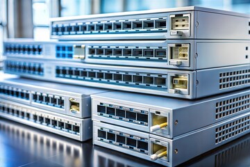 Network switches stacked on table in office setting representing cybersecurity